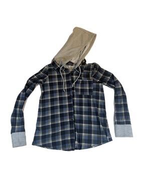 Discreet Button Flannel Shirt Hoodie Woman S Blue Plaid Drawstring Cozy Cuddle